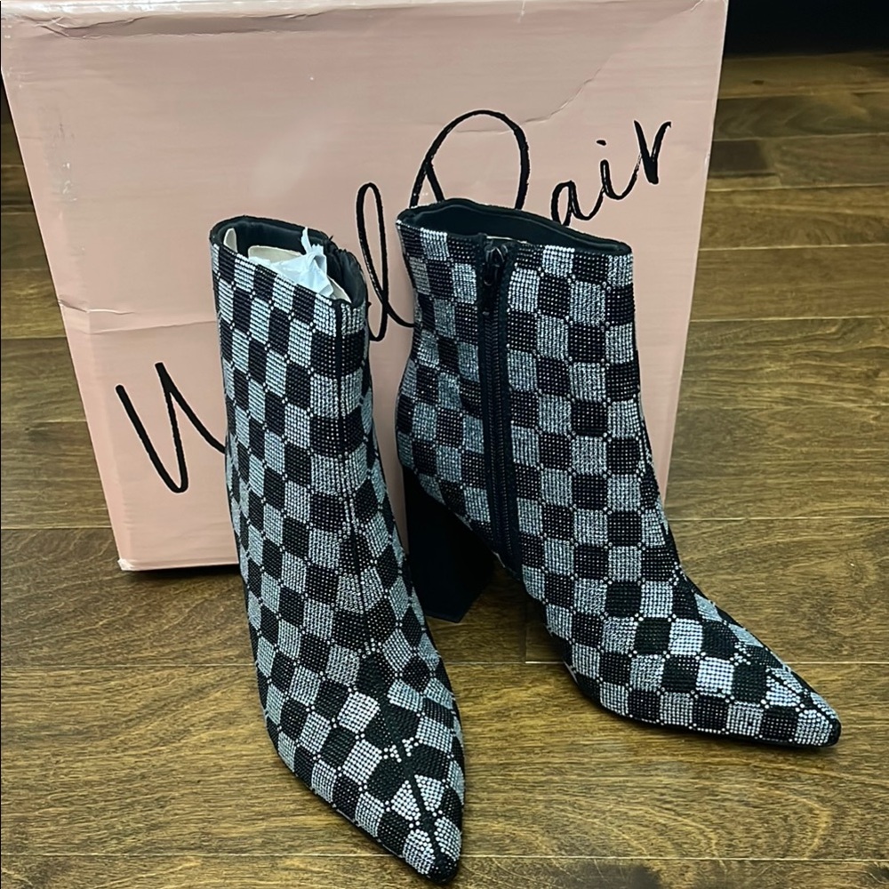 NIB, Wild Pair Checkered/Rhinestone Ankle Boots